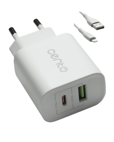 CENTO Charger P102 Iphone 1TypeC(PD)+1USB(QC)/3A/20W White