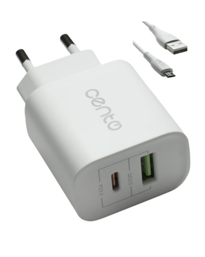 CENTO Charger P102 MicroUSB 1TypeC(PD)+1USB(QC)/3A/20W White