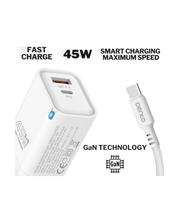 CENTO Wall Charger P220 FAST (Gan) TypeC (TypeC+USB 45W)