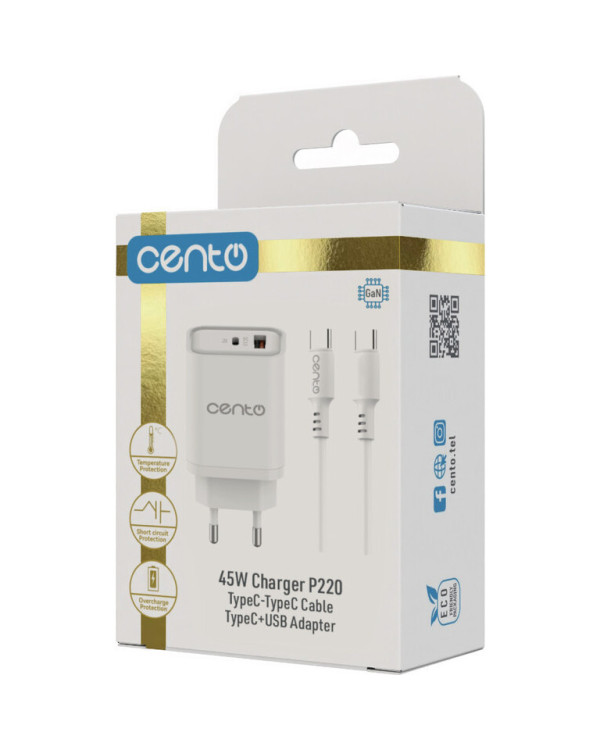CENTO Wall Charger P220 FAST (Gan) TypeC (TypeC+USB 45W)