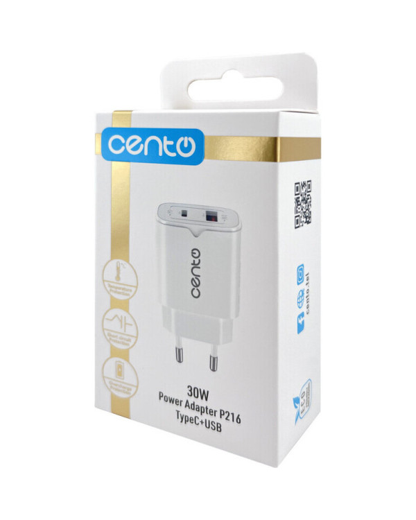 CENTO Wall Adapter P216 FAST (GaN) TypeC+USB 30W