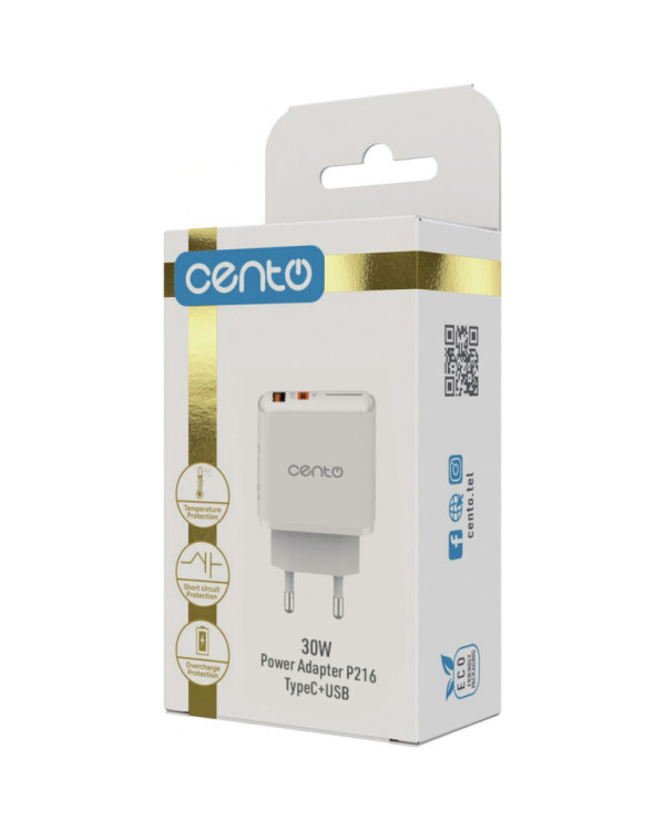 CENTO Wall Adapter P216 FAST TypeC+USB 30W