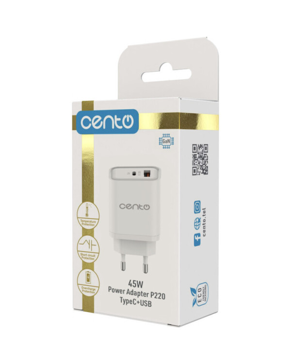 CENTO Wall Adapter P220 FAST (GaN) TypeC+USB 45W